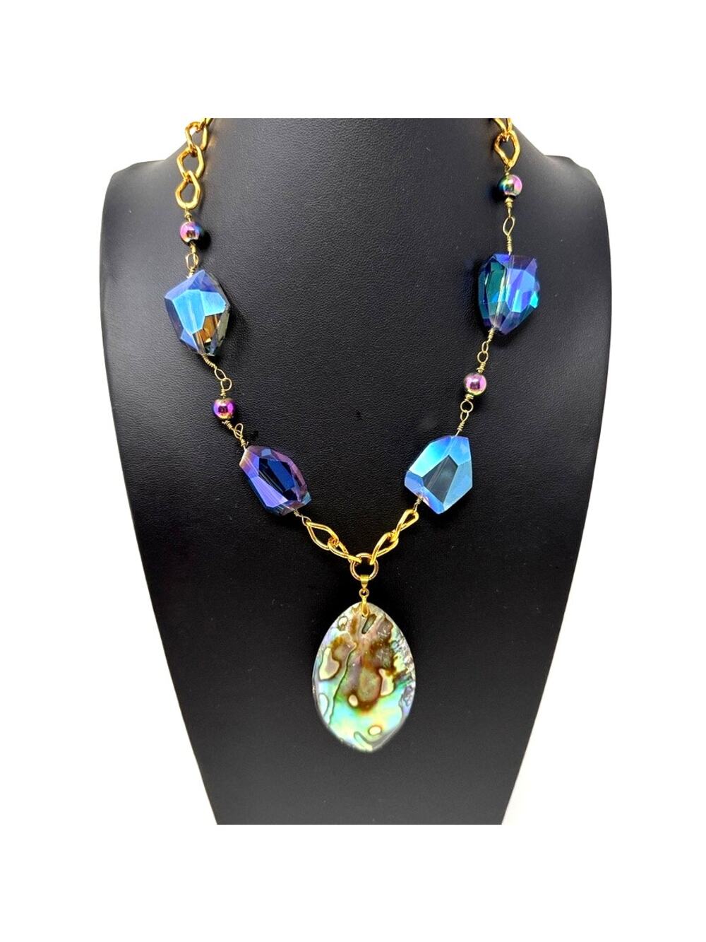 Boho Abalone Pendant Necklace AB Crystal Nugget Gold Tone Chain Statement